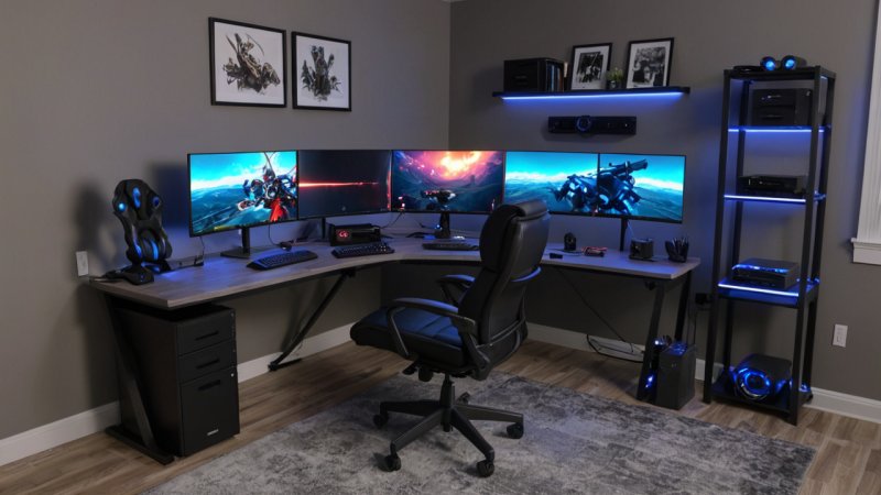 gaming setup, home office, gaming chair, gaming desk, ergonomic furniture, gaming tech, cable management