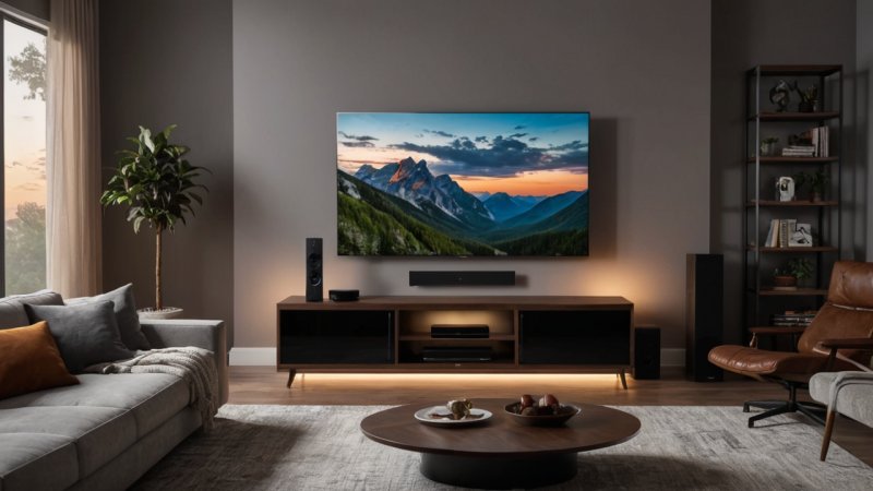 home entertainment, smart TV, soundbar, streaming device, home theater system, gaming console, smart lighting